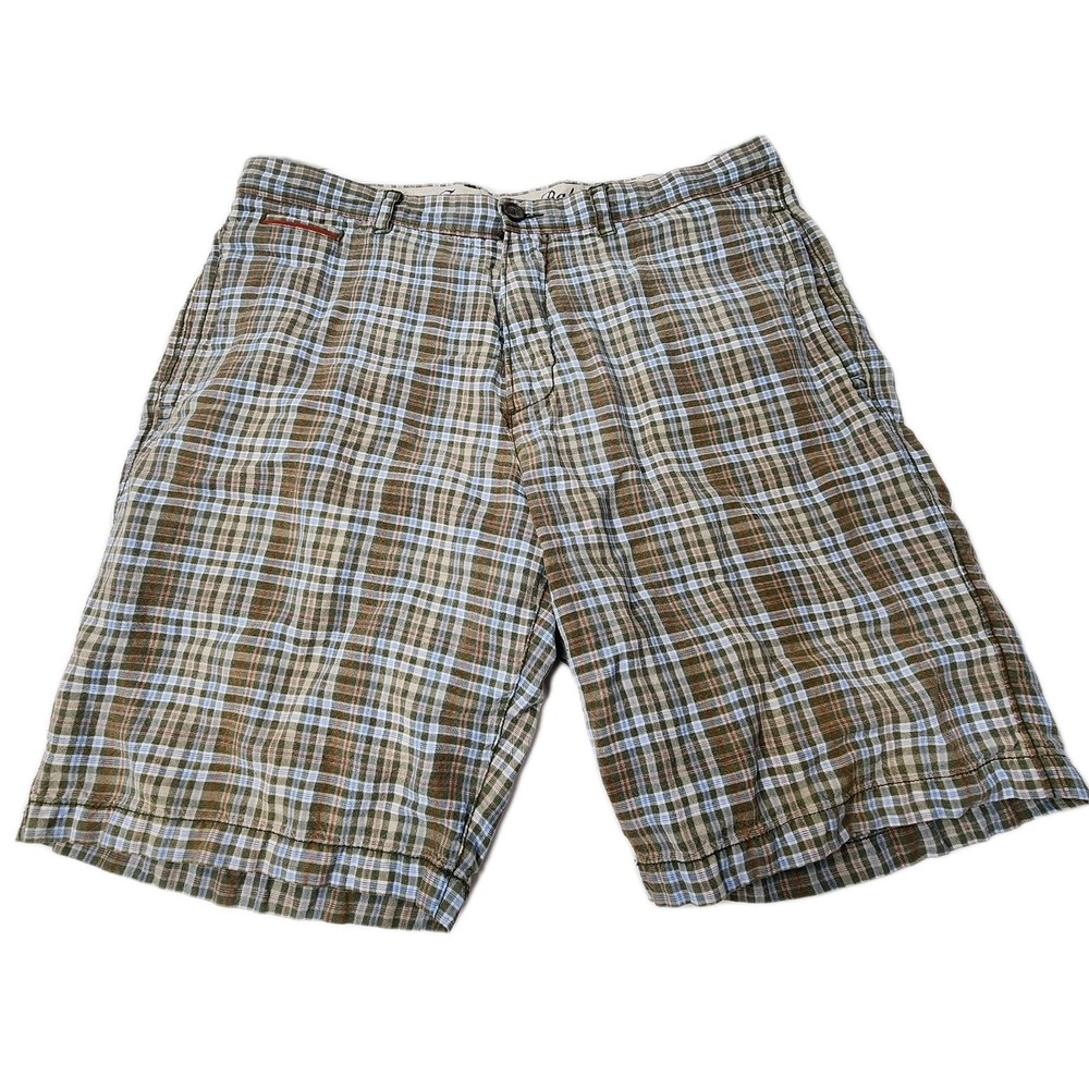 Tommy Bahama Shorts Mens Size 35 Blue Grn Plaid Check Bermuda Linen Tencel Blend